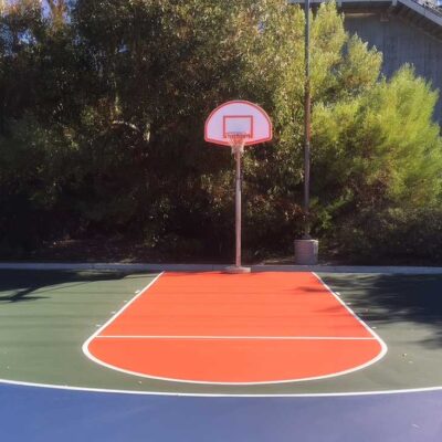 The Photo Shows A Bright Three-color Basketball Court With A Painted Blue Court, Green 3-point Area, And Orange Key With White Striping.