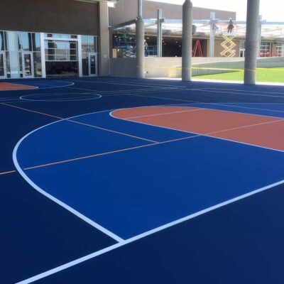 The Photo Shows A Full-sized Basketball Court Was Built Using The School's Colors; A Blue Court With A Light Blue 3-point Area, Orange Key, And White Striping For Poway High School,