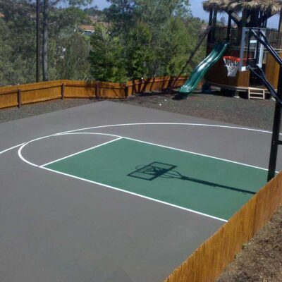 The Photos Shows A Private Residential Gray And Green Basketball Court With White Striping Built With Extreme Cushioning To Protect Knees And Joints While Playing Basketball.