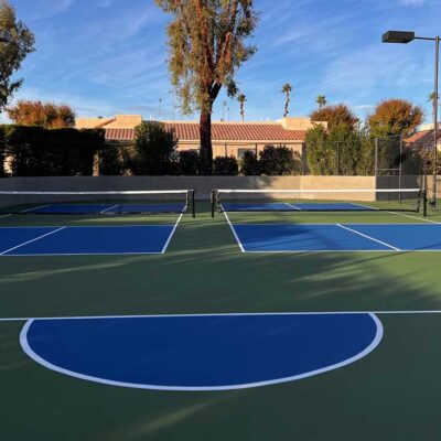 The Photos Shows Two New Blue On Green Pickleball Courts Built By Ferandell Tennis Courts For The Valley Palms HOA In Indian Wells.