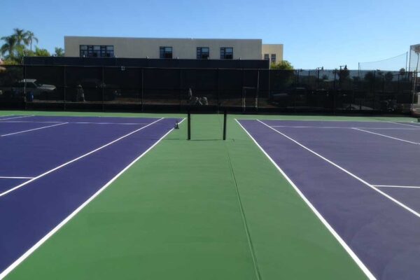 The Photo Shows Two New Tennis Courts In Purple With Green Surrounds Built For The Bishop School In La Jolla.