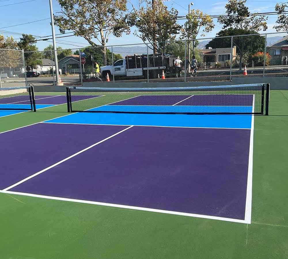 photo shows a purple pickleball court with a bright blue kitchen, and a green surround.